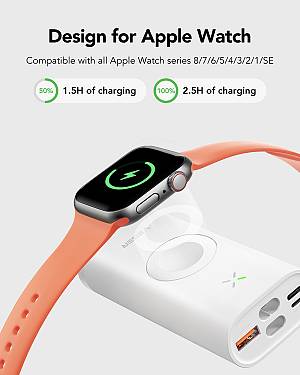 VEGER W1162S MagFan portable battery - 10000 mAh, built-in cable and for charging Apple Watch and all QI devices, white