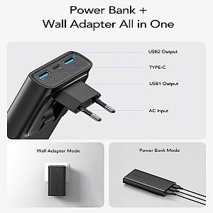 Vrurc W1146 Power Bank 10000mAh 20W με 2 Θύρες USB-A και Θύρα USB-C Power Delivery / Quick Charge 3.0 Μαύρο
