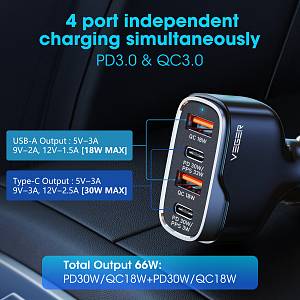 Veger CC53 66W Φορτιστής Αυτοκινήτου Μαύρος Γρήγορης Φόρτισης με Θύρες: 2xUSB 2xType-C - BLACK