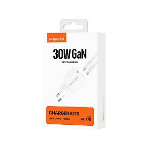 RECCI RC77ECC - 30WGaN Fast Charging USB-C Output Port + C TO C CABLE 100CM |QC3.0 - White