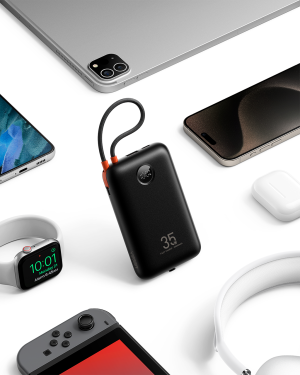 Veger K2 - 20,000mAh 35W PD Digital Display Powerbank With Built In Non-MFI Lightning & USB-C Cable - Black
