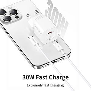 RECCI RC77ECC - 30WGaN Fast Charging USB-C Output Port + C TO C CABLE 100CM |QC3.0 - White