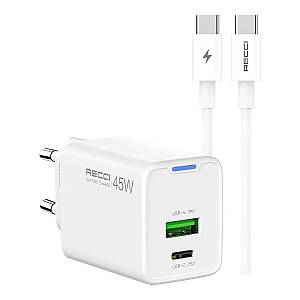 Recci RC108E Gan PD45W  Fast Charger With Type-C To Type-C Cable - White