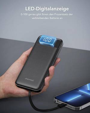 Charmast W1148 Power Bank 10000mAh PD20W with built-in cables Micro USB / Type C / Lightning 5V3A  black