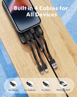 Charmast W2065 Power Bank 20000mAh PD20W with built-in cables Micro USB / Type C / Lightning 5V3A  black