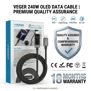 VEGER DC120 240W USB-C to USB-C Cable, PD 3.1 QC 4.0 Fast Charging Cable with Digital Display, 1.2M Nylon Braided Type C Charger Cord for Laptop, Phone, Tablet, Gaming Devices