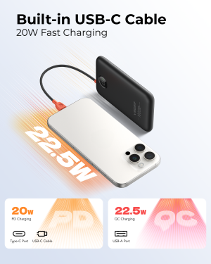 VEGER W1189-K1C 10,000mAh Ultra-Slim Power Bank with Integrated USB-C Cable, 22.5W Power Delivery Pocket-Sized External Battery Pack for iPhone 15/16, Samsung & Xiaomi