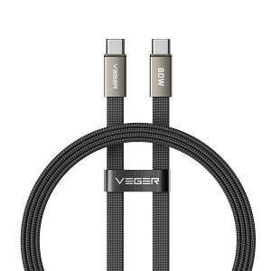 VEGER CC06-MTB 60W USB-C to USB-C Flat Braided Cable | 1.2m Fast Charging & Data Sync - Black