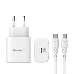 VEGER TR101-45W1C 45W GaN Single USB-C Port Fast Charger with Type-C to Type-C Cable (1200mm) - PD 3.0 & PPS 2.0 SuperCHARGE Wall Charger for MacBook, iPad, iPhone, Samsung