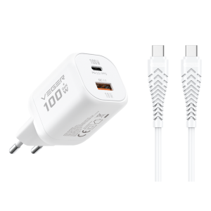 VEGER TR150 - 100W GaN Fast Charger, Ultra-Mini Dual Port USB C Wall Charger (65W+18W) with 240W Type-C Cable 1.2m, PD 3.0/PPS Fast Charging Block for MacBook Pro/Air, iPad, iPhone 15/14, Samsung, Laptop