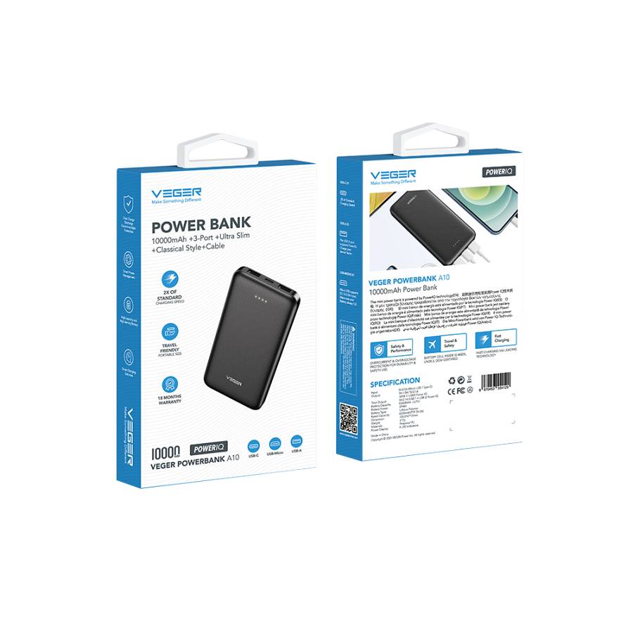 Veger A10 Power Bank 10000mAh με 2 Θύρες USB-A Μαύρο