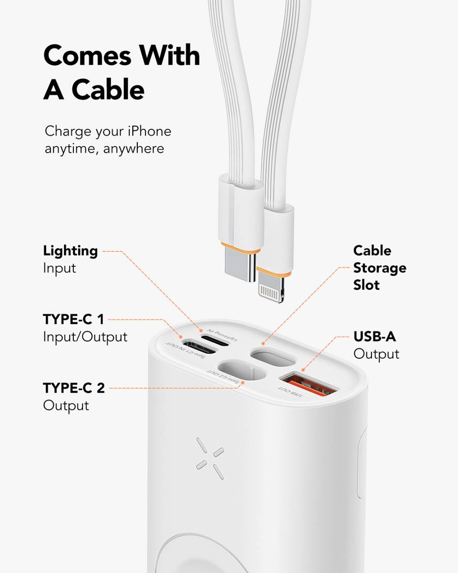 VEGER W1162S MagFan portable battery - 10000 mAh, built-in cable and for charging Apple Watch and all QI devices, white