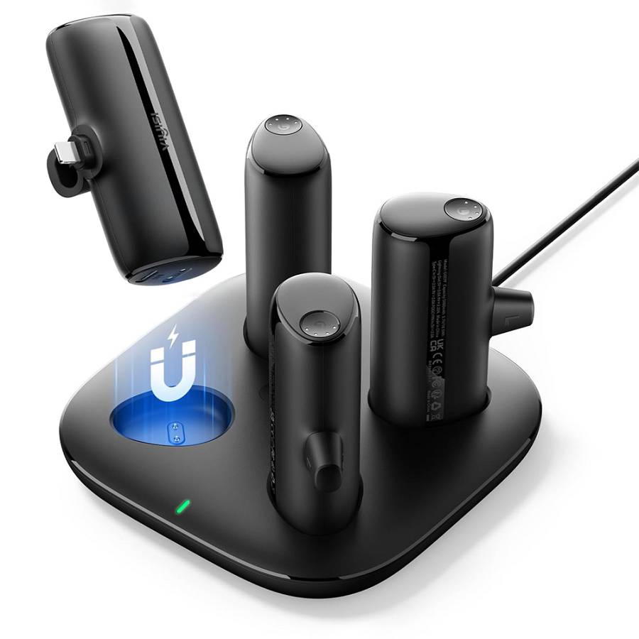 Viyisi G007P Charging Dock with 4 Lightning / iPhone Portable Chargers - Μαγνητικός Σταθμός Φόρτισης με 4 x PowerBank / Φορητές Μπαταρίες Φόρτισης με Ενσωματωμένο Lightning - 4 x 5000mAh - 20W - Black