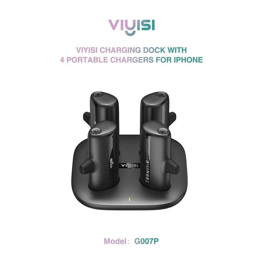 Viyisi G007P Charging Dock with 4 Lightning / iPhone Portable Chargers - Μαγνητικός Σταθμός Φόρτισης με 4 x PowerBank / Φορητές Μπαταρίες Φόρτισης με Ενσωματωμένο Lightning - 4 x 5000mAh - 20W - Black