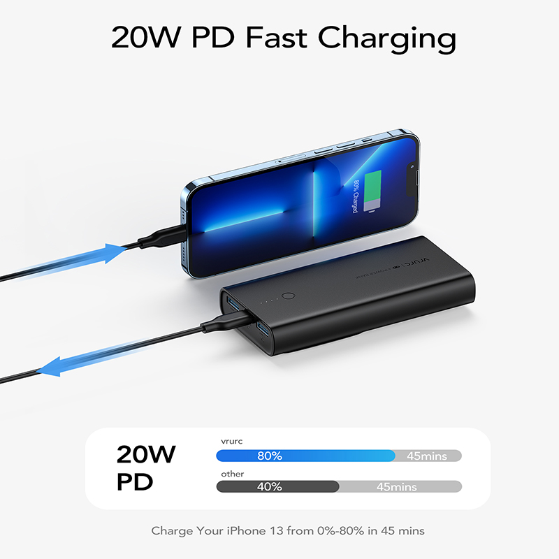 Vrurc W1146 Power Bank 10000mAh 20W με 2 Θύρες USB-A και Θύρα USB-C Power Delivery / Quick Charge 3.0 Μαύρο