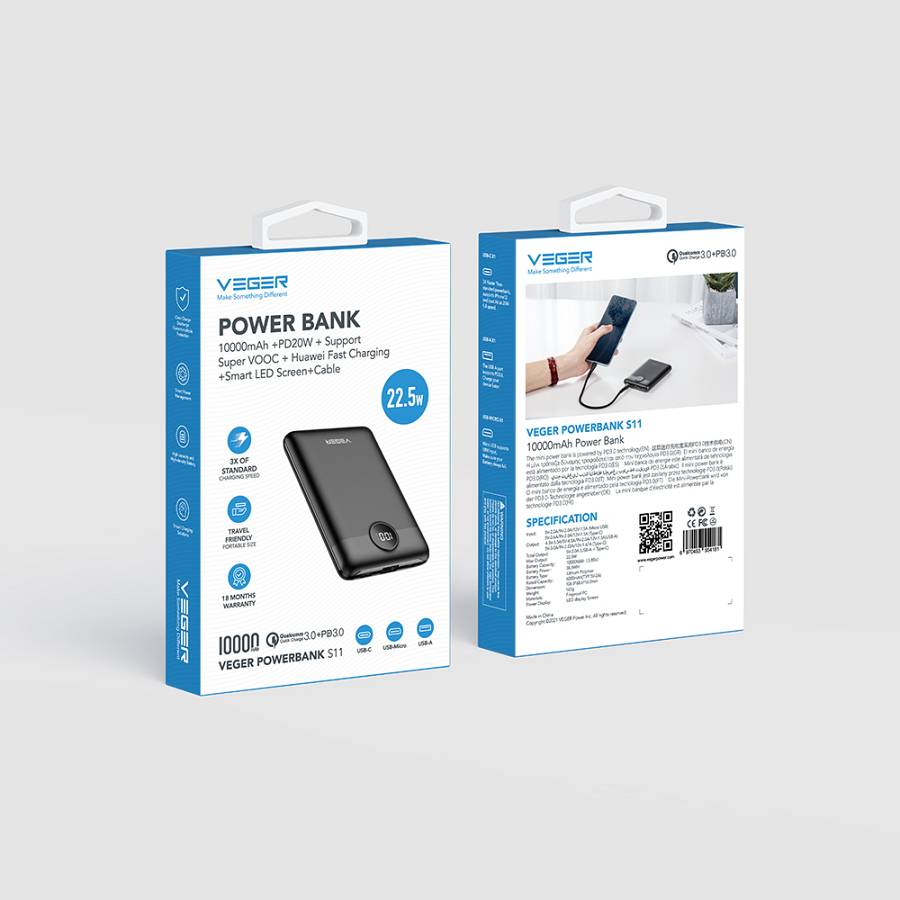 Veger S11 Power Bank 10000mAh 20W με Θύρα USB-A και Θύρα USB-C Quick Charge 3.0 / Power Delivery Μαύρο