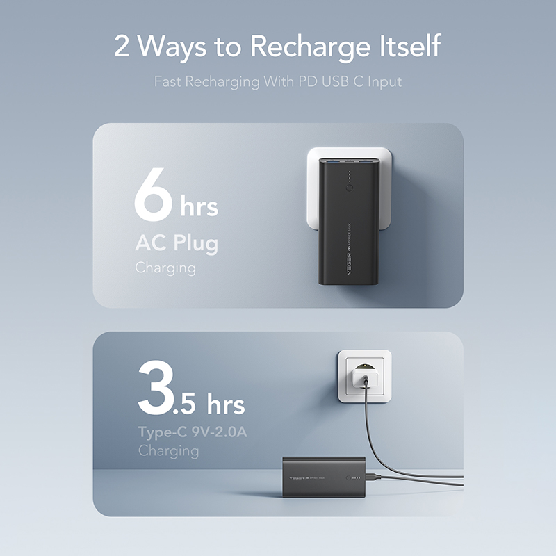 Veger ACE100 Power Bank 10000mAh 20W με 2 Θύρες USB-A και Θύρα USB-C Power Delivery / Quick Charge 3.0 Μαύρο