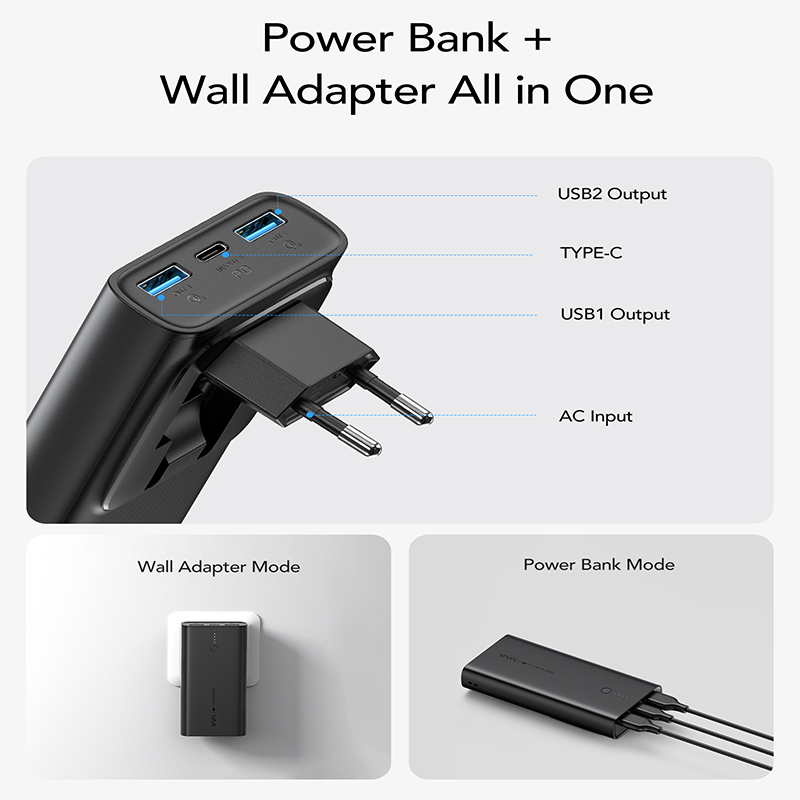 Vrurc W1146 Power Bank 10000mAh 20W με 2 Θύρες USB-A και Θύρα USB-C Power Delivery / Quick Charge 3.0 Μαύρο