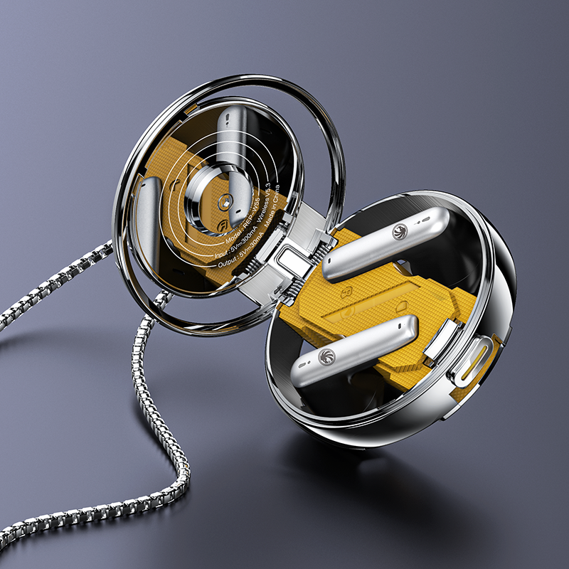Recci REP-W56 Angle-Wing Necklace In-ear Bluetooth Handsfree Earphones with Charging Case Silver