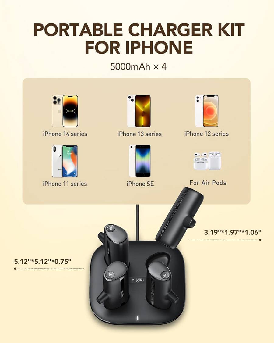 Viyisi G007P Charging Dock with 4 Lightning / iPhone Portable Chargers - Μαγνητικός Σταθμός Φόρτισης με 4 x PowerBank / Φορητές Μπαταρίες Φόρτισης με Ενσωματωμένο Lightning - 4 x 5000mAh - 20W - Black