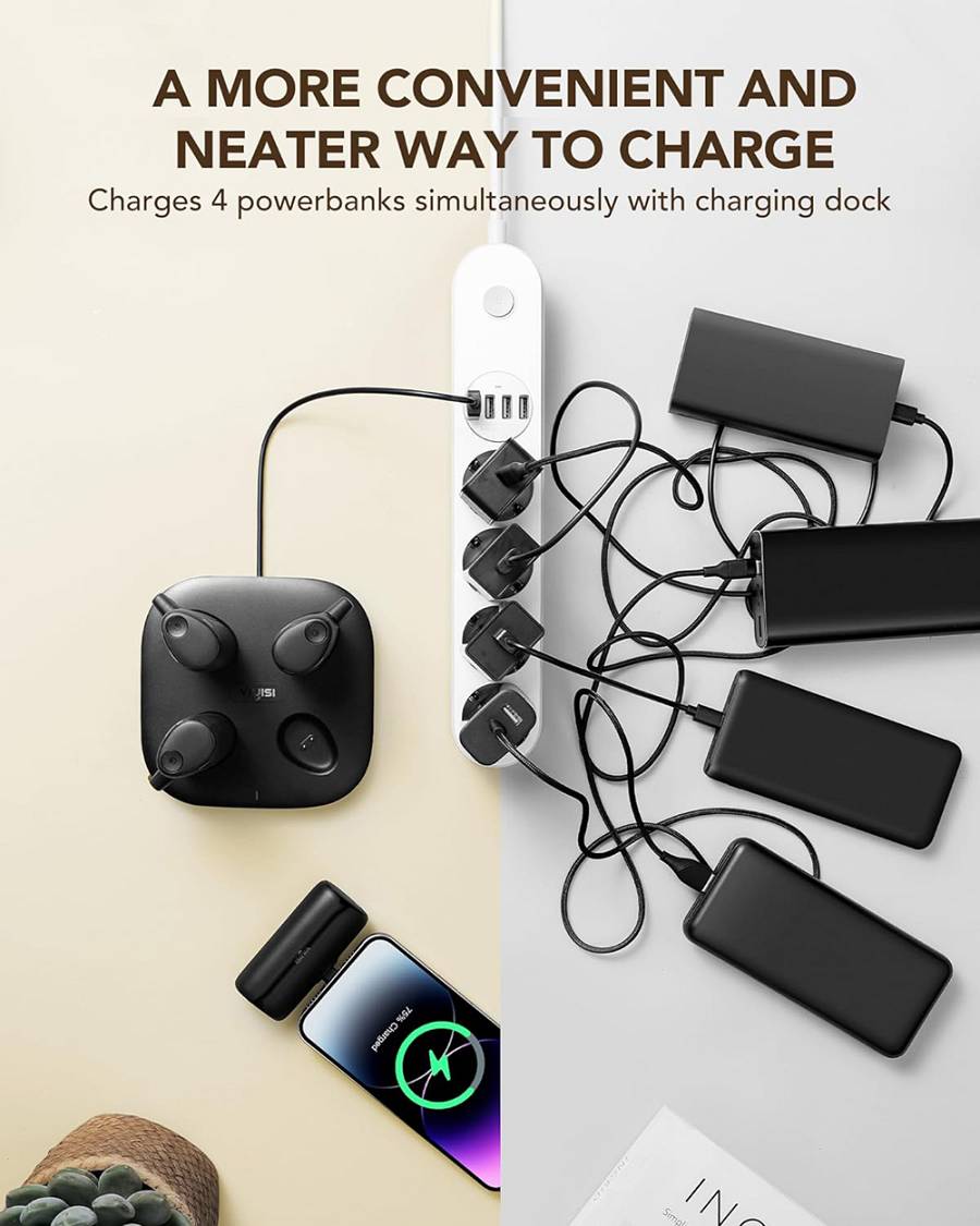 Viyisi G007P Charging Dock with 4 Lightning / iPhone Portable Chargers - Μαγνητικός Σταθμός Φόρτισης με 4 x PowerBank / Φορητές Μπαταρίες Φόρτισης με Ενσωματωμένο Lightning - 4 x 5000mAh - 20W - Black
