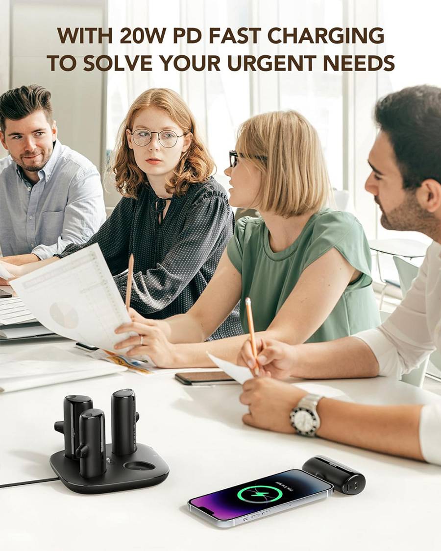 Viyisi G007P Charging Dock with 4 Lightning / iPhone Portable Chargers - Μαγνητικός Σταθμός Φόρτισης με 4 x PowerBank / Φορητές Μπαταρίες Φόρτισης με Ενσωματωμένο Lightning - 4 x 5000mAh - 20W - Black