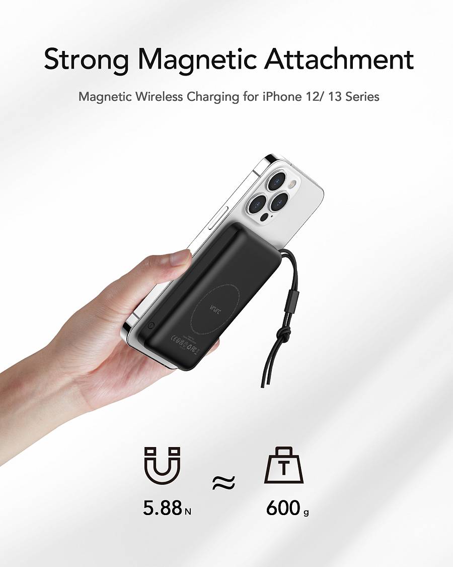 Veger W1151 MagOn Magnetic Wireless MagSafe Power Bank 10000mAh 15W με Θύρα USB-A και Θύρα USB-C Power Delivery / Quick Charge 3.0 Γκρι
