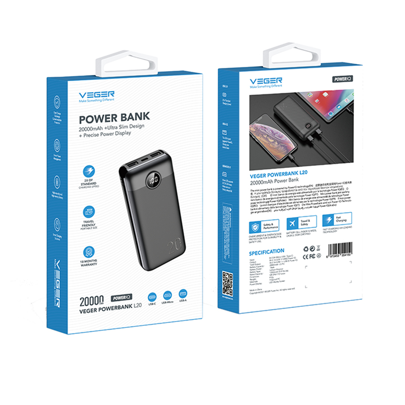 Veger L20S Power Bank 20000mAh 20W με 2 Θύρες USB-A Λευκό