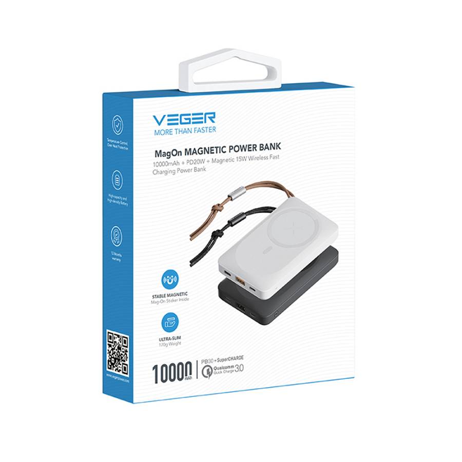 Veger W1151 MagOn Magnetic Wireless MagSafe Power Bank 10000mAh 15W με Θύρα USB-A και Θύρα USB-C Power Delivery / Quick Charge 3.0 Λευκό