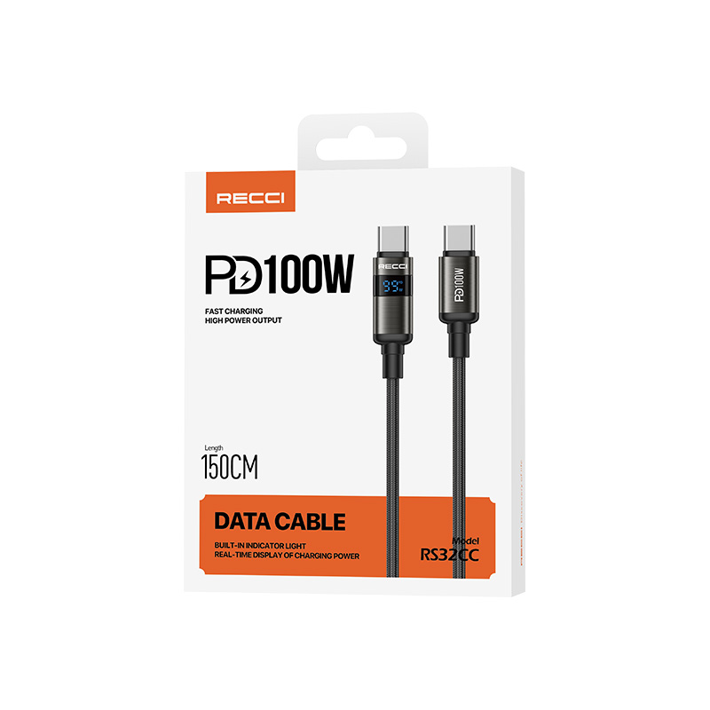 RECCI RS32CC - PD100W Fast Charging DATA Cable C To C Real-Time Display Of Charging Power 1.5M - Black