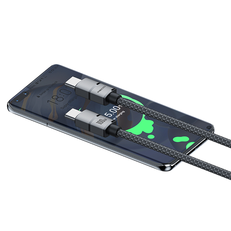 RECCI RS08CC - PD100W Fast Charging C To C Braided Wire + Aluminum Speed Data Cable 1.2M - Black