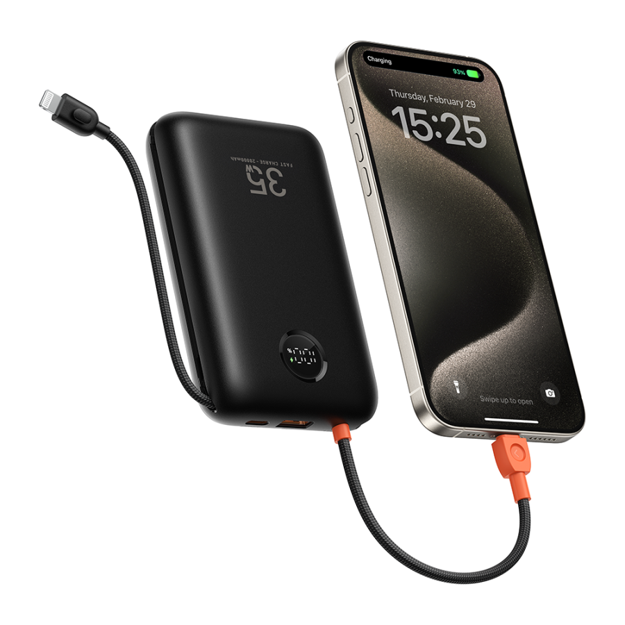Veger K2 - 20,000mAh 35W PD Digital Display Powerbank With Built In Non-MFI Lightning & USB-C Cable - Black