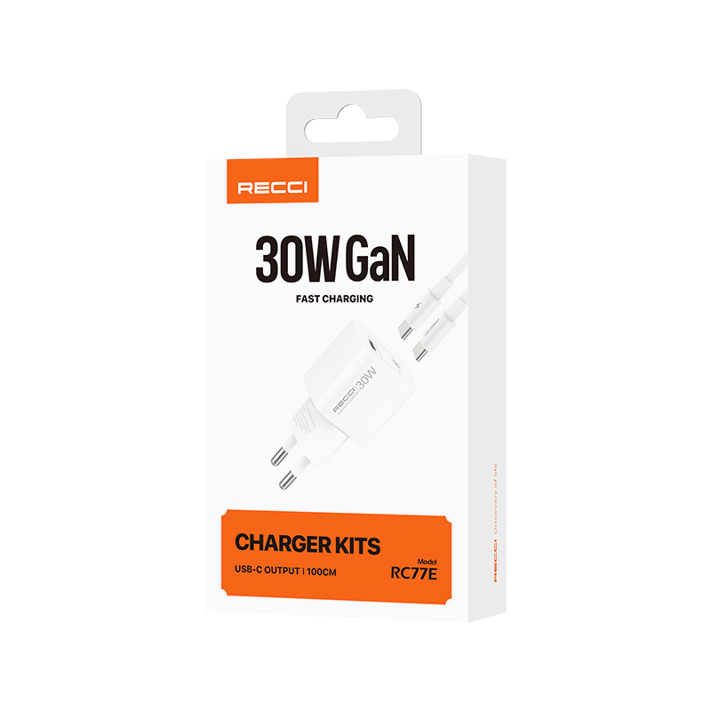 RECCI RC77ECC - 30WGaN Fast Charging USB-C Output Port + C TO C CABLE 100CM |QC3.0 - White