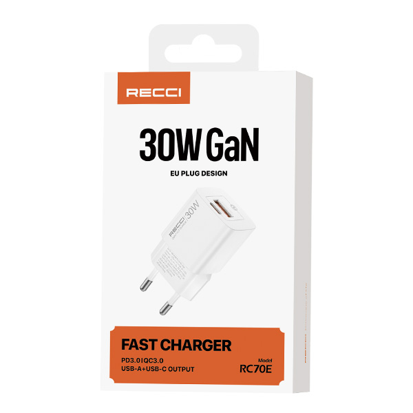 RECCI RC70E - 30WGaN Fast Charging USB-C + USB-A Output Port PD3.0|QC3.0 - White