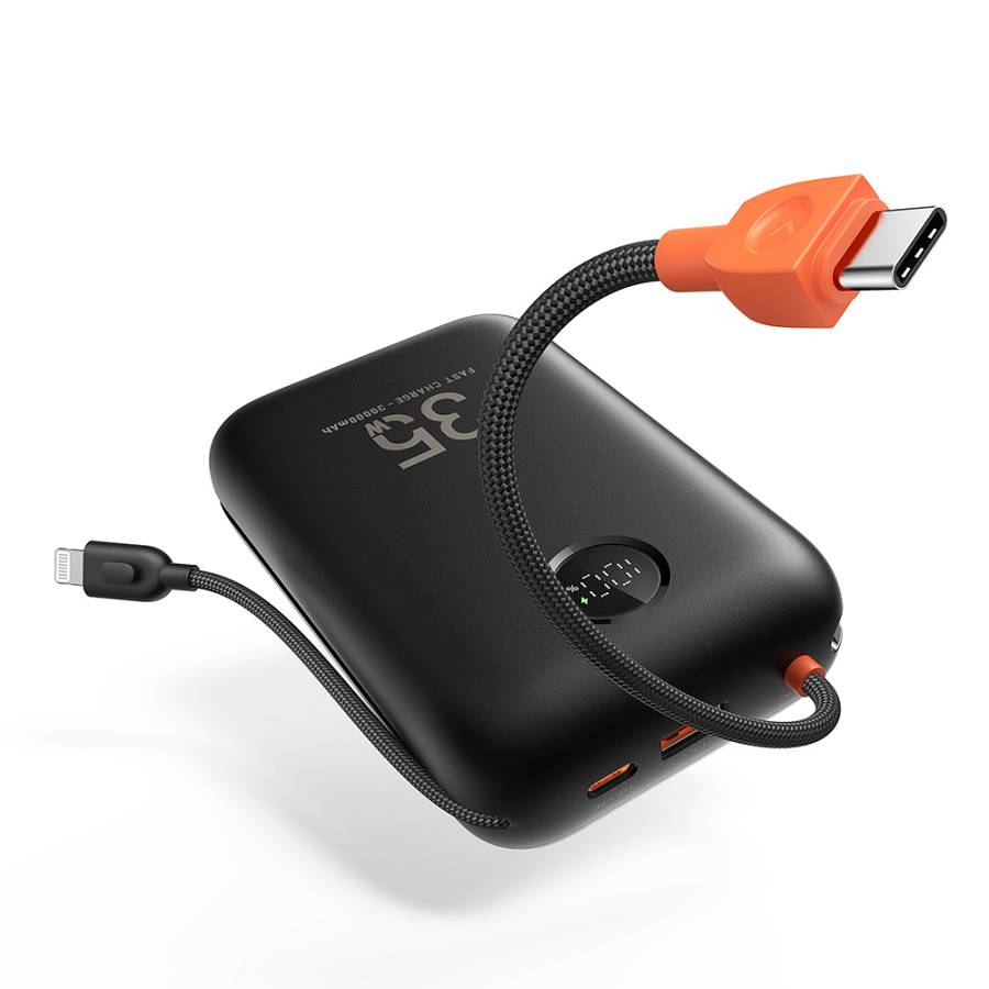 Veger K3 - 30,000mAh 35W PD Digital Display Powerbank With Built In Non-MFI Lightning & USB-C Cable - Black