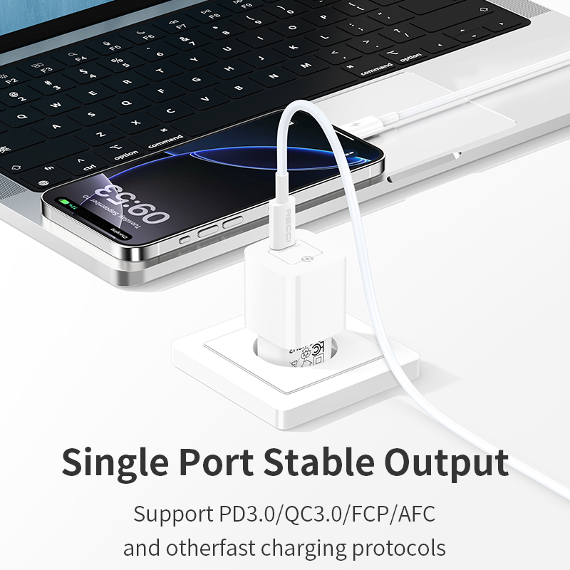 RECCI RC77ECC - 30WGaN Fast Charging USB-C Output Port + C TO C CABLE 100CM |QC3.0 - White