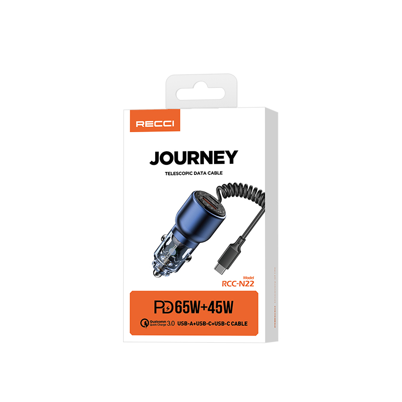 RECCI RCC-N22 - Car Charger Journey 110W PD 45 Fast Charging With TYPE C Cable - BLUE