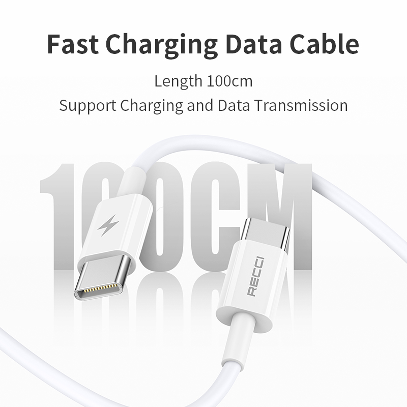 RECCI RC77ECC - 30WGaN Fast Charging USB-C Output Port + C TO C CABLE 100CM |QC3.0 - White
