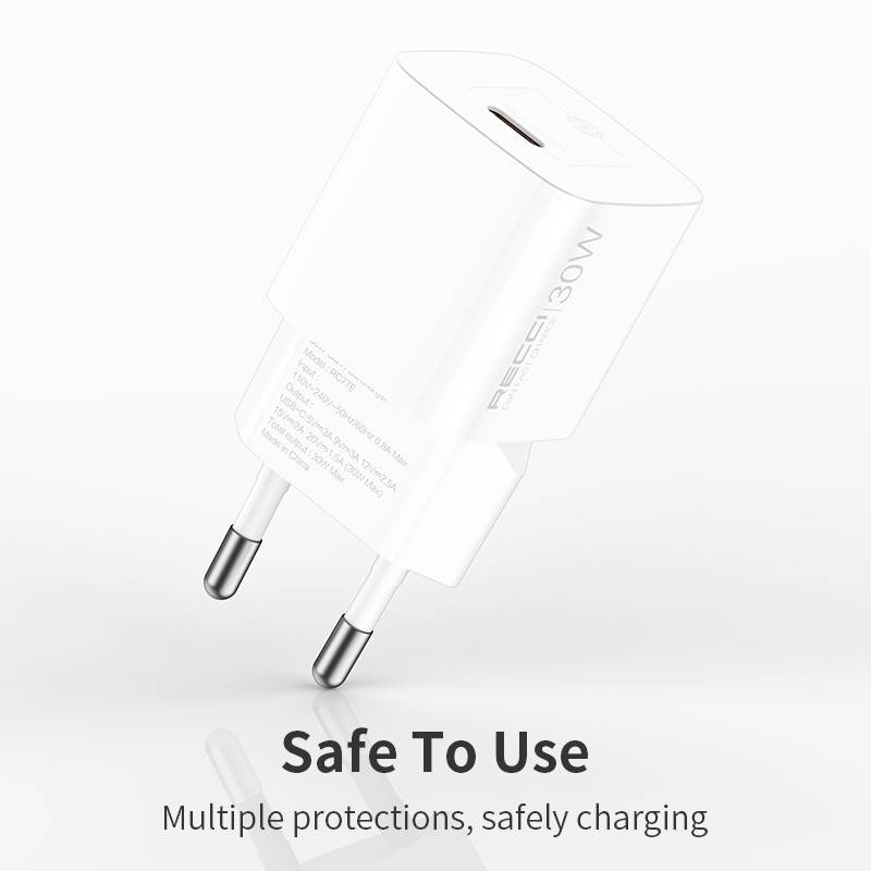 RECCI RC77ECC - 30WGaN Fast Charging USB-C Output Port + C TO C CABLE 100CM |QC3.0 - White