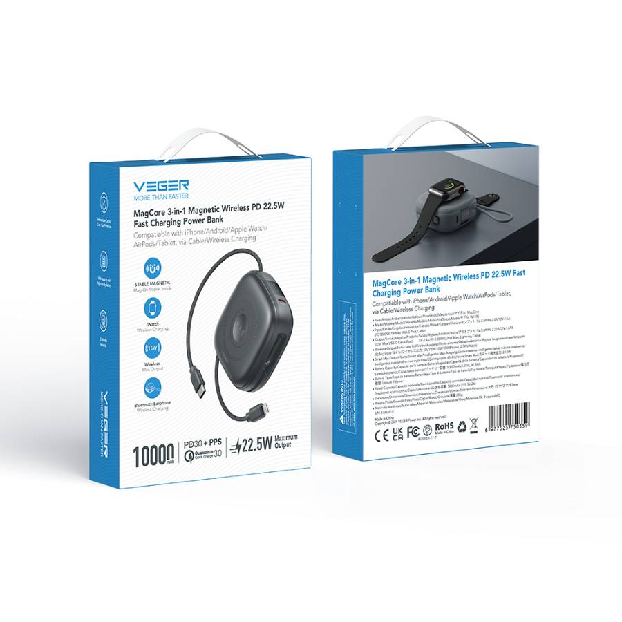 Veger W1185 - MagCore 3in1 - 10,000mAh PD Wireless Charging Powerbank for Apple iPhone, Watch & AirPods - Grey
