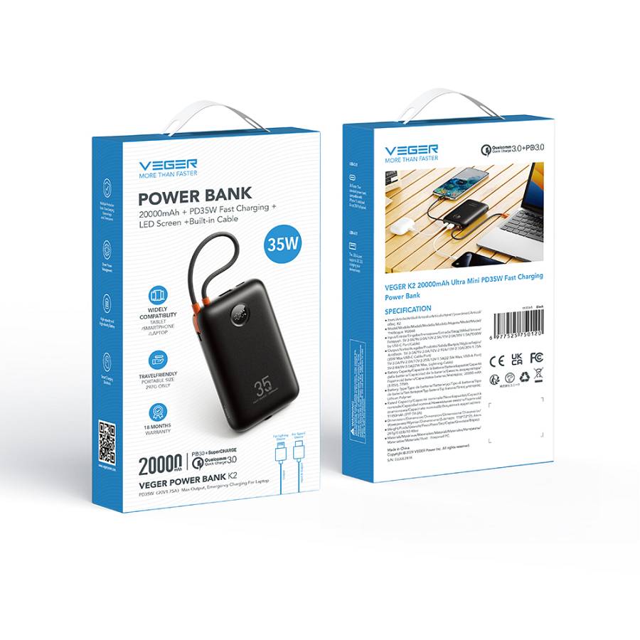 Veger K2 - 20,000mAh 35W PD Digital Display Powerbank With Built In Non-MFI Lightning & USB-C Cable - Black