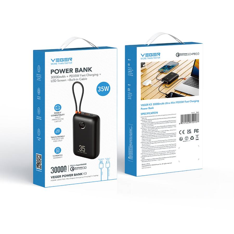 Veger K3 - 30,000mAh 35W PD Digital Display Powerbank With Built In Non-MFI Lightning & USB-C Cable - Black