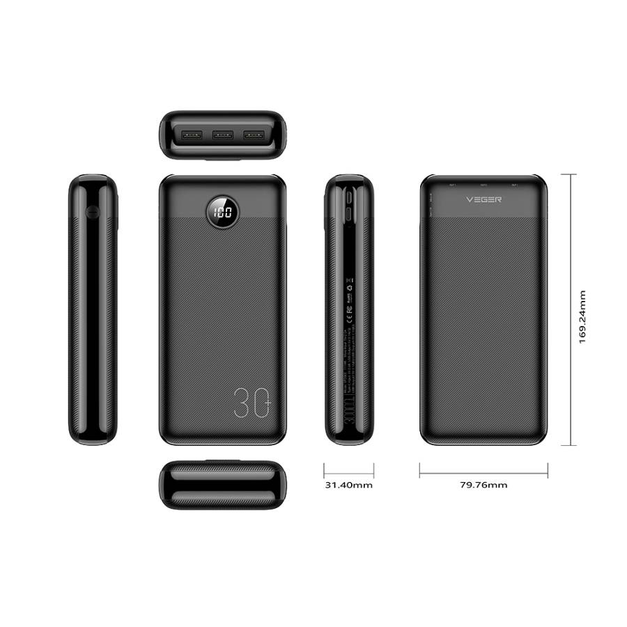 Veger L30 Power Bank 30000mAh 20W με 3 Θύρες USB-A και Θύρα USB-C Μαύρο
