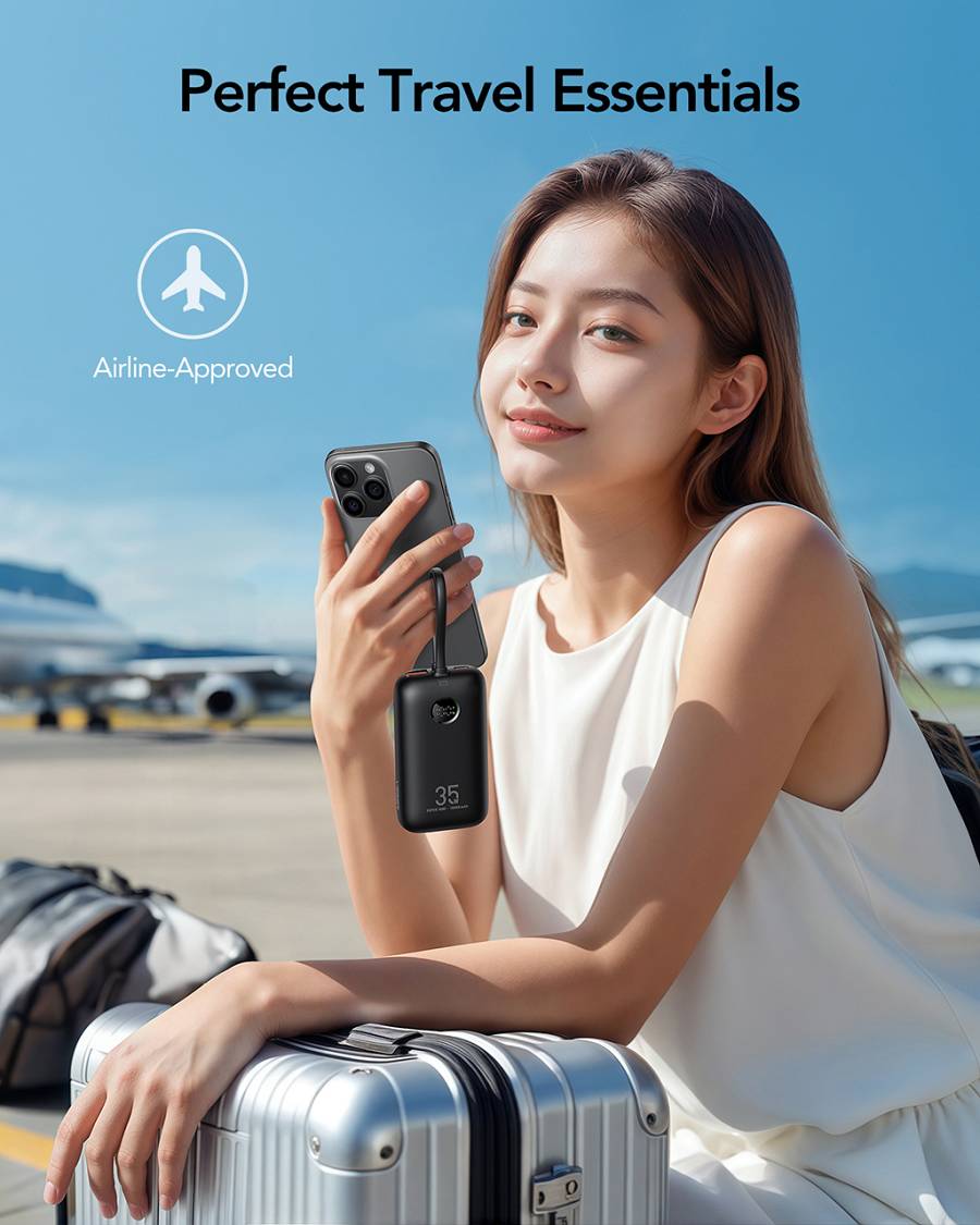 Veger K1 - 10,000mAh 35W PD Digital Display Powerbank With Built In Non-MFI Lightning & USB-C Cable