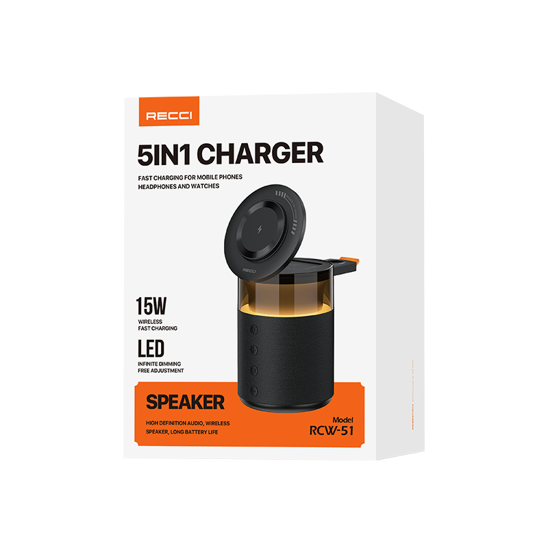 Recci RCW-51 Wireless Charging Stand with Ambient Lighting and Bluetooth Speaker-Black