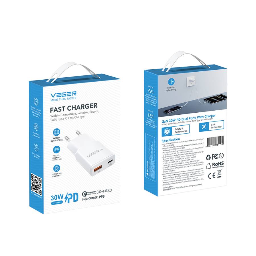 Veger TC301 Φορτιστής Χωρίς Καλώδιο με Θύρα USB-A και Θύρα USB-C 30W Power Delivery / Quick Charge 3.0 Λευκός