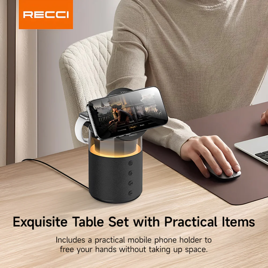 Recci RCW-51 Wireless Charging Stand with Ambient Lighting and Bluetooth Speaker-Black