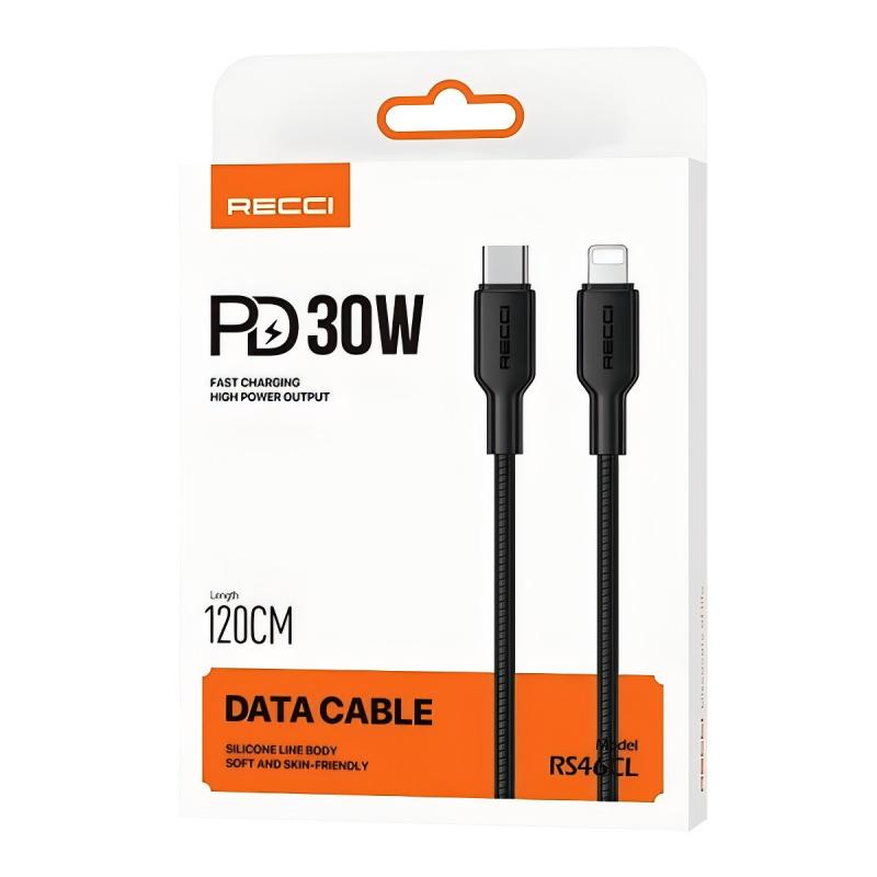 RECCI RS46CL - PD30W Fast Charging Type-C to Lightning Data Cable 1.2M - Black