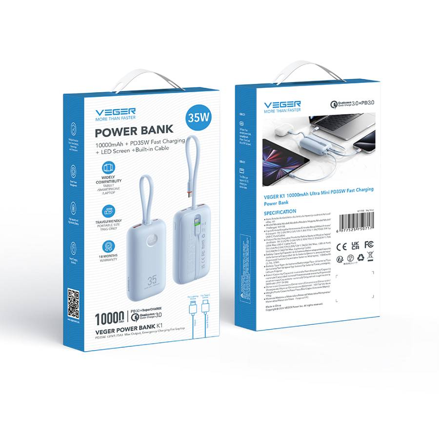 Veger K1 - 10,000mAh 35W PD Digital Display Powerbank With Built In Non-MFI Lightning & USB-C Cable