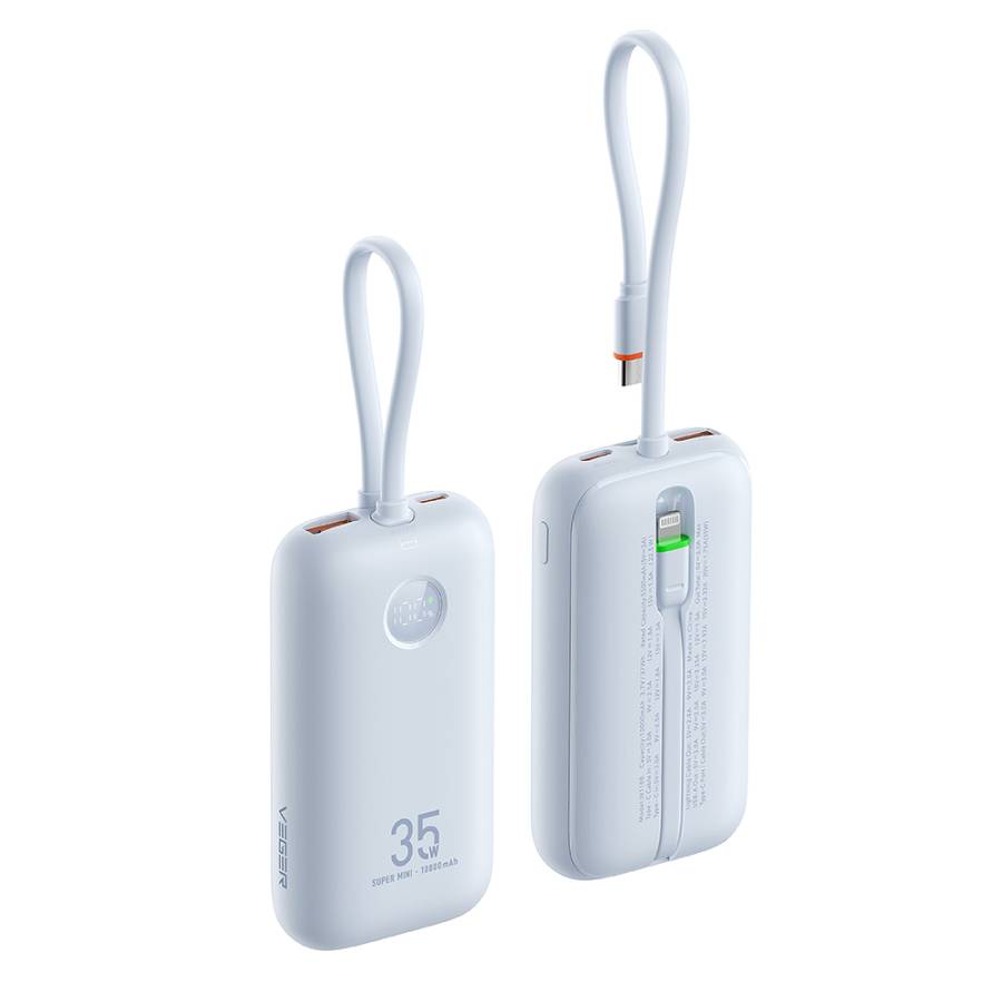 Veger K1 - 10,000mAh 35W PD Digital Display Powerbank With Built In Non-MFI Lightning & USB-C Cable